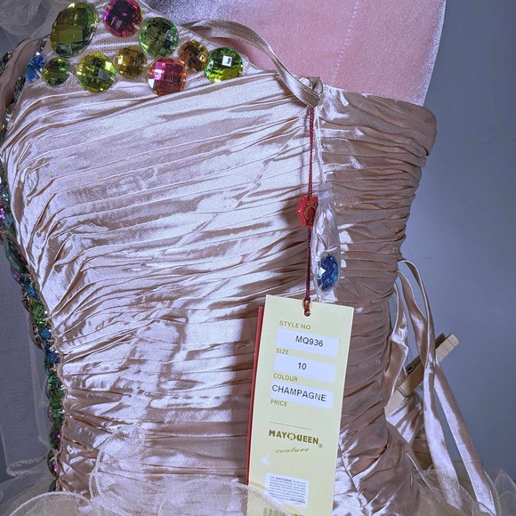 NWT May Queen | Champagne Rhinestone Ruffle Strapless Dress & Shawl - sz 10 - Picture 5 of 10